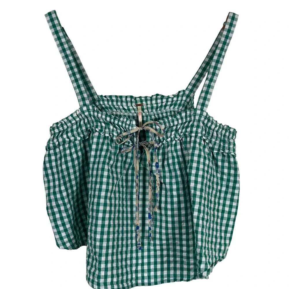 Free People Green Gingham Ruffle Tie Front Boho Cami Tank Top Womens Size Medium